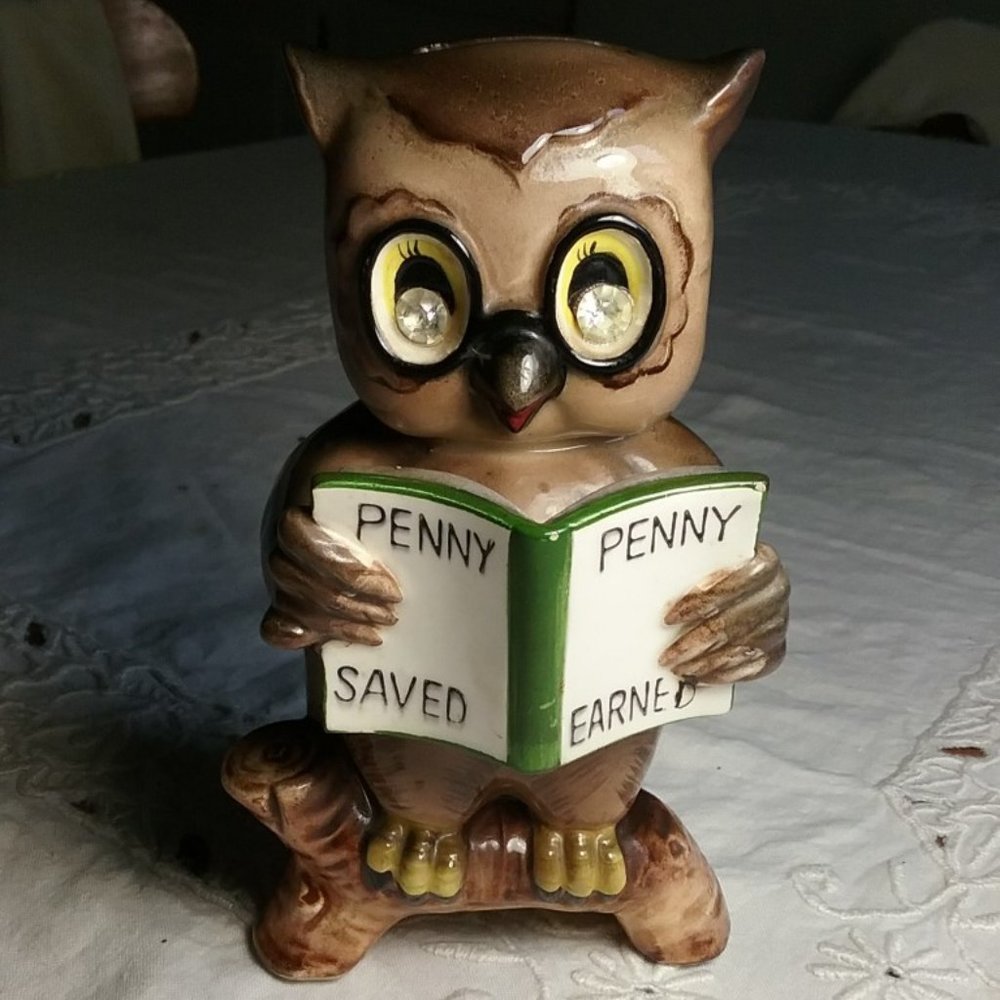 Vintage Norcrest Japan Ceramic Novelty Owl Coin Bank Penny Saved Penny Earned